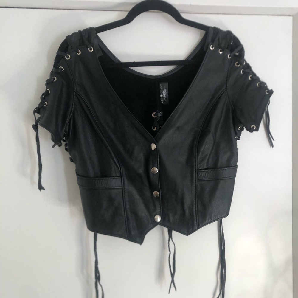 On The Fringe Toronto Genuine Leather Lace-Up Crop Top / Shirt - Black - Size M